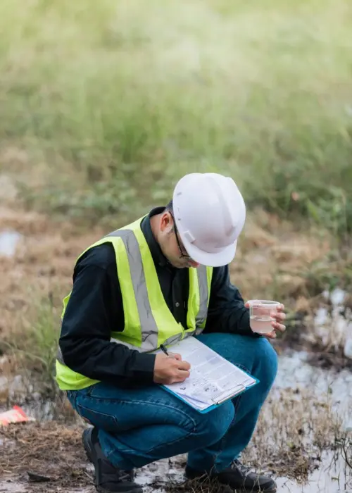 Consultor ambiental ejecuta consultoría ambiental en terreno, tomando muestra de agua y completando bitácora técnica como parte de una asesoría ambiental para SEIA.