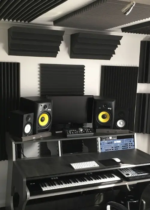 tratamiento acústico: paneles acústicos y bass traps en muros y cielo para acondicionamiento acústico y control de reverberación, mejorando la inteligibilidad y la mezcla.