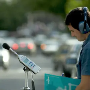 ingeniería acústica realizando medición ambiental con sonómetro clase 1 en vía urbana para evaluar niveles de ruido y elaborar estudio acústico.
