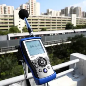 Medición de Ruido Ambiental en ciudad con sonómetro instalado en trípode, registrando niveles de dB frente a tránsito y tren para estudio acústico.