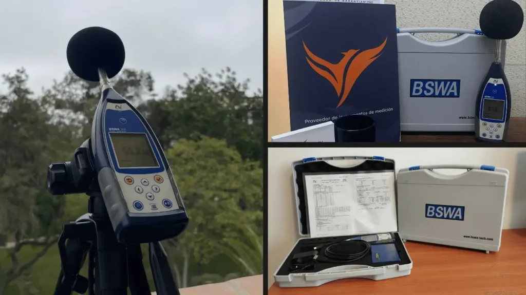 sonómetro clase 1 BSWA en trípode midiendo ruido ambiental (LAeq/Lmax) y vistas de la maleta de transporte con cables, micrófono y certificado de calibración para trazabilidad.