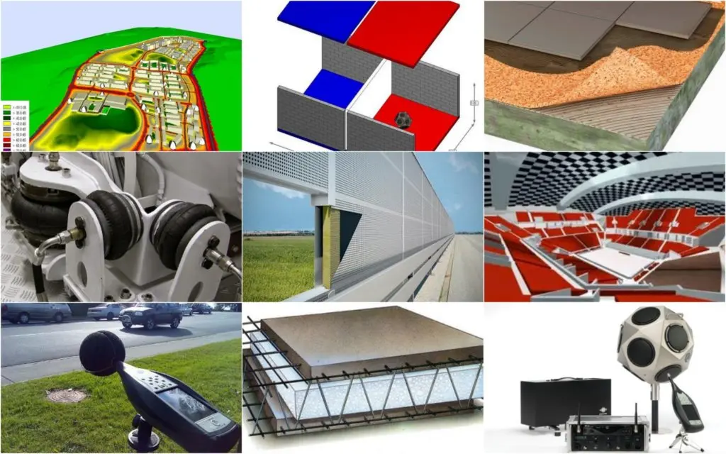 estudio acústico con modelación de mapas de ruido, barreras y materiales, auditorio tratado, medidor de ruido ambiental y fuente dodecaédrica; muestra medición de ruido ambiental y mediciones acústicas aplicadas a proyectos SEIA.