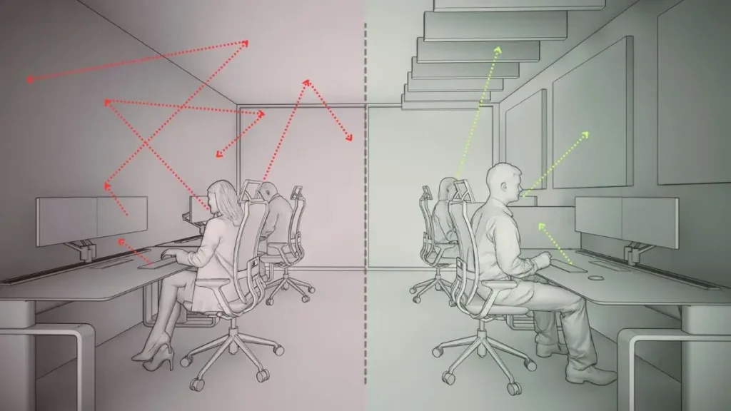 control de ruido en una oficina: a la izquierda, reverberación alta con reflexiones (flechas rojas); a la derecha, control acústico con paneles y baffles que reducen eco y mejoran la inteligibilidad.