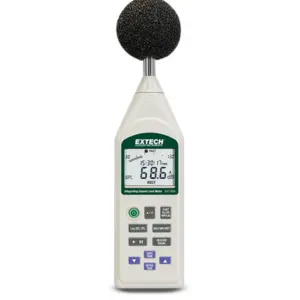 Sonómetro integrador digital Extech 407780a con paraviento y lectura de 68.6 dB.