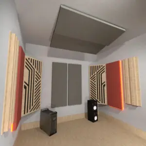 tratamiento acústico: paneles absorbentes, difusores y nube en cielo para reducir reverberación, controlar primeras reflexiones y mejorar la respuesta en bajas frecuencias.